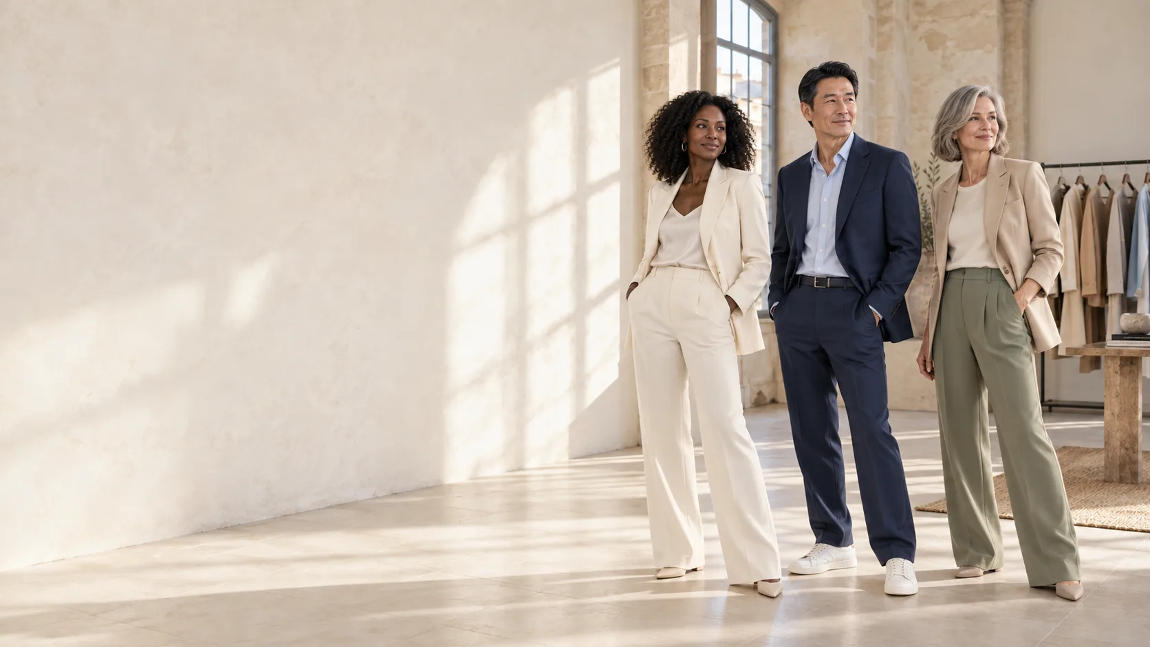 Visuel éditorial : deux femmes et un homme aux styles et aux origines variés dans un atelier lumineux